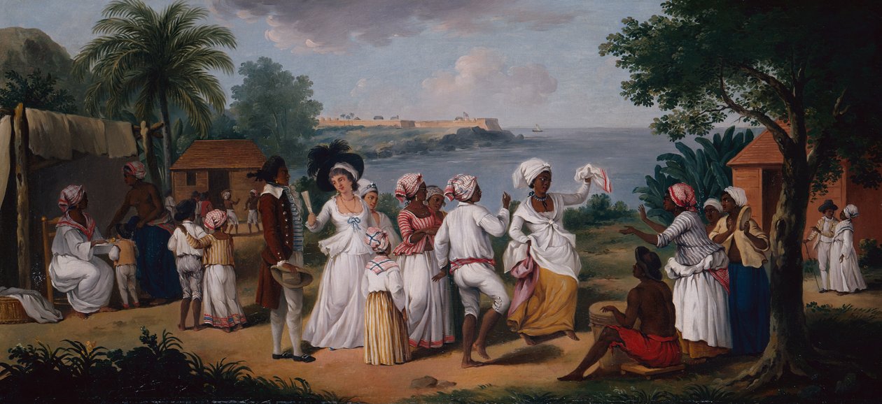 En negerdans på øen Dominica, Fort Young hinsides (olie på lærred) af Agostino Brunias