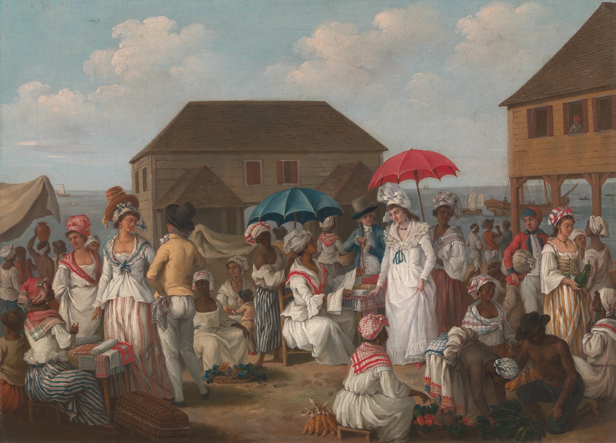 Linen Market, Dominica - En markedsscene, ca.1780. af Agostino Brunias