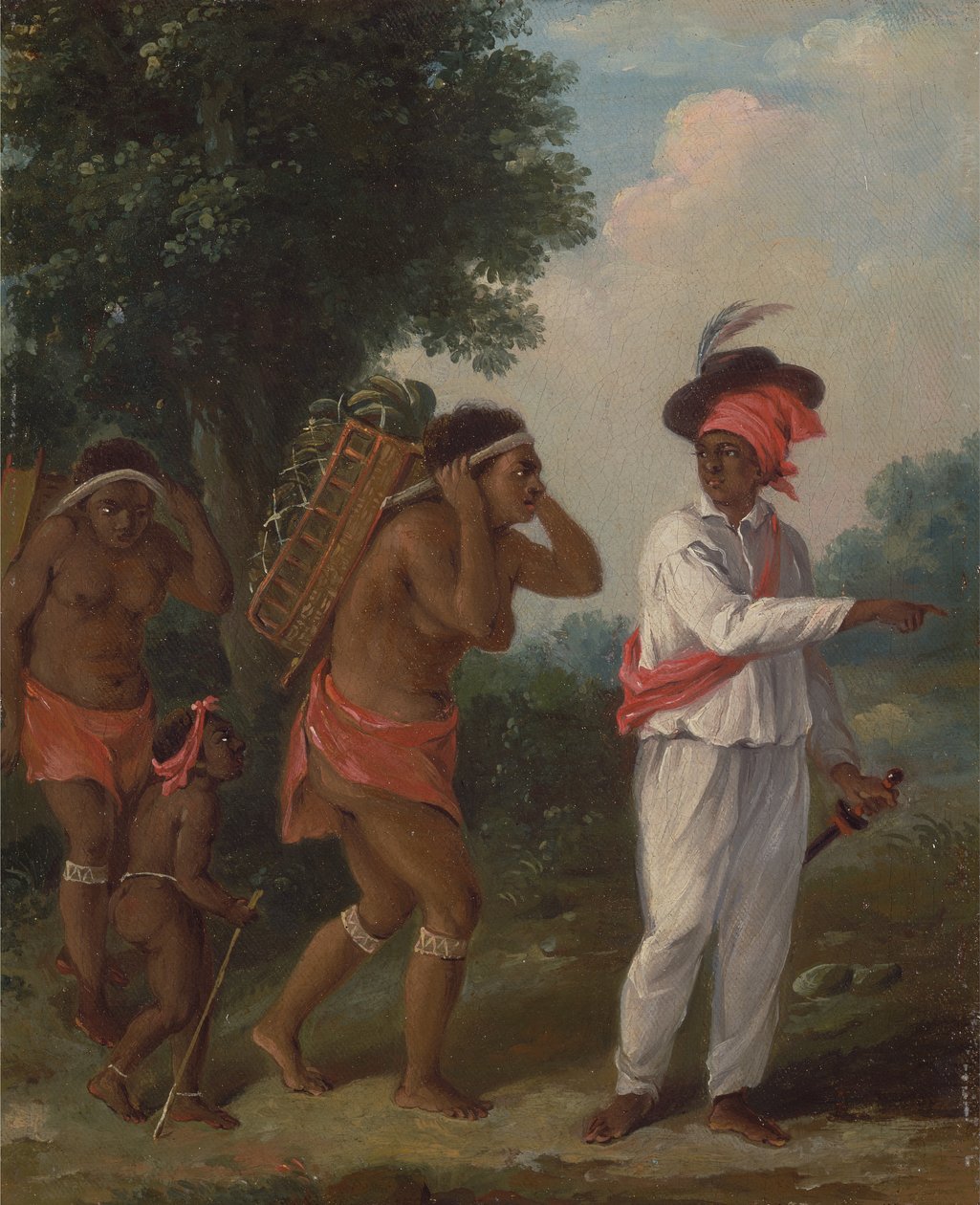 Vestindisk farvet mand, instruerer to caribiske kvinder med et barn, ca. 1780. af Agostino Brunias