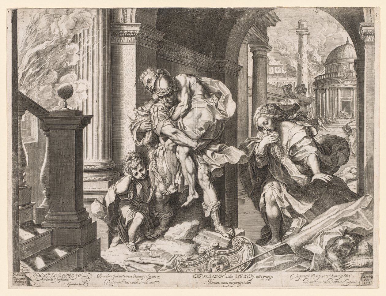Aeneas og hans familie flygter fra Troja af Agostino Carracci