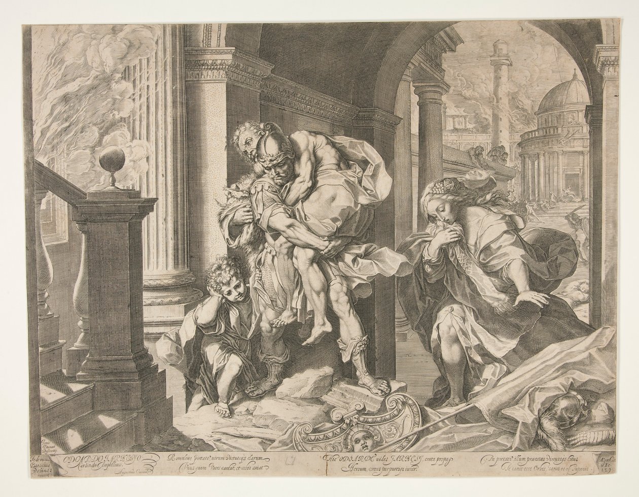 Aeneas og hans familie flygter fra Troja af Agostino Carracci