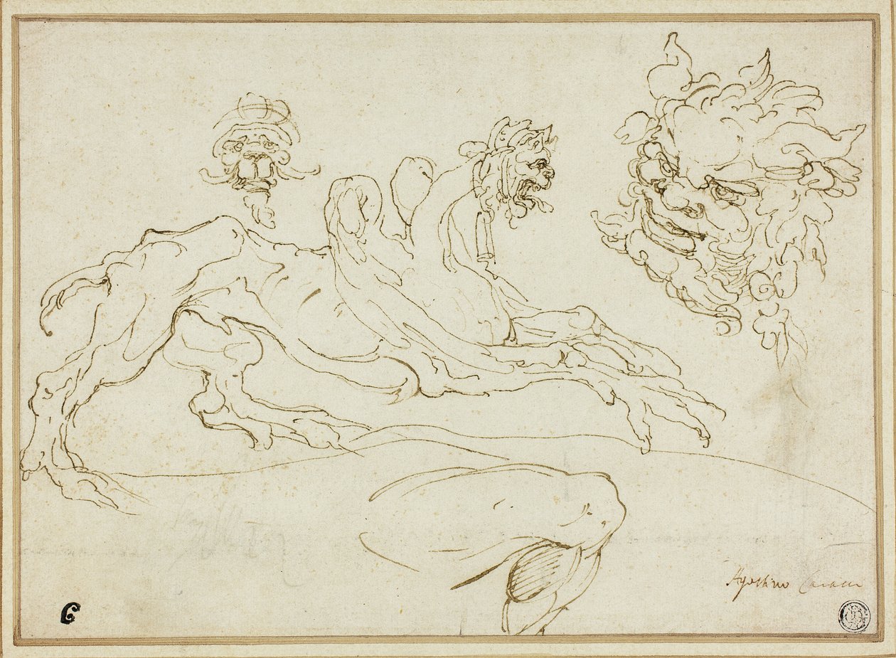 Fire skitser: Griffin, Grotesk Head, Head of Satyr, Bent Ben af Agostino Carracci