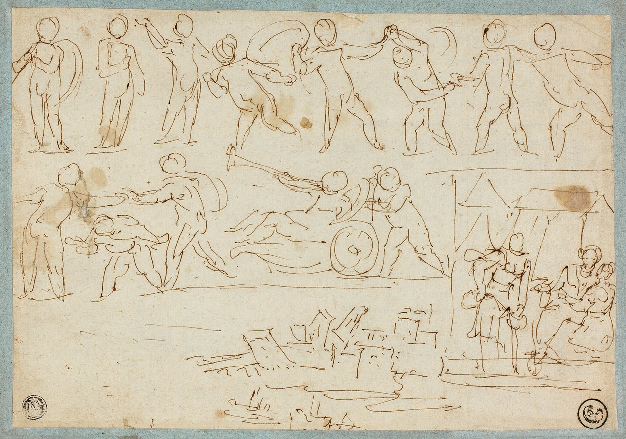 Frise af Putti, Skitse af Lot og hans Døtre, Skitse af bygninger af Agostino Carracci