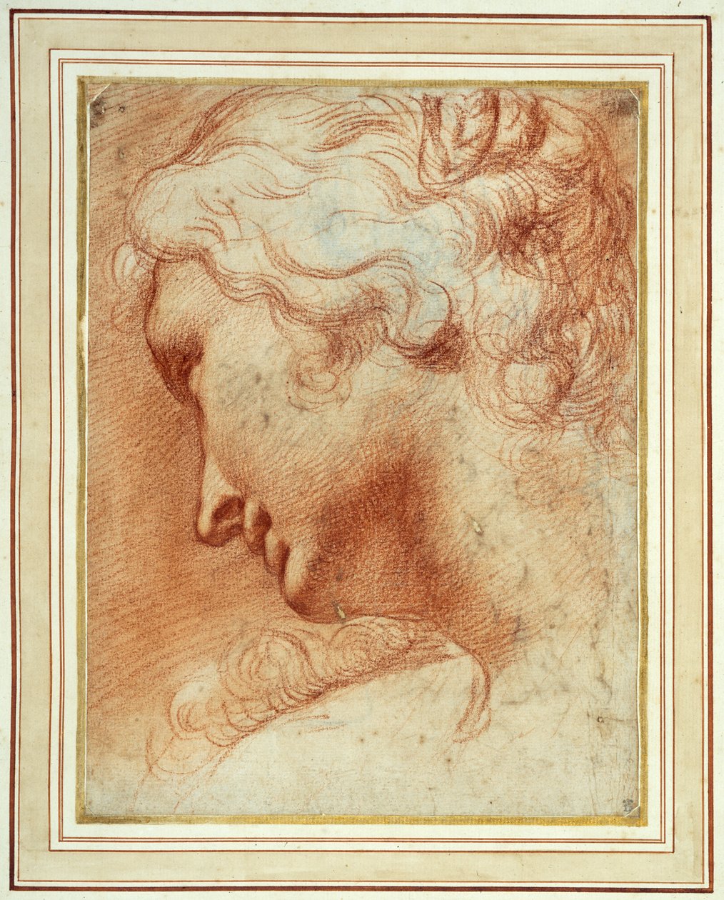 Hovedet af en ung kvinde, der kigger ned over sin højre skulder (rødt kridt på papir) af Agostino Carracci