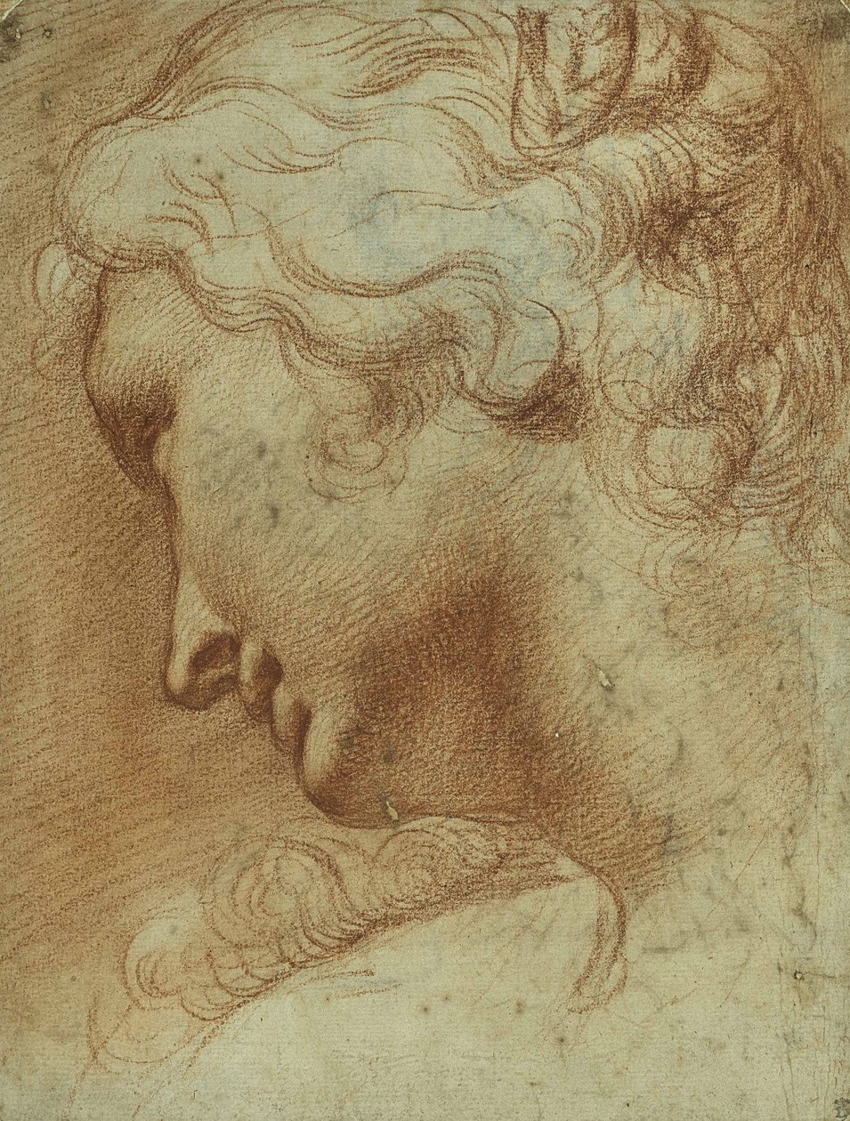 Hovedet af en ung kvinde, der kigger ned over sin højre skulder (rødt kridt på papir) af Agostino Carracci