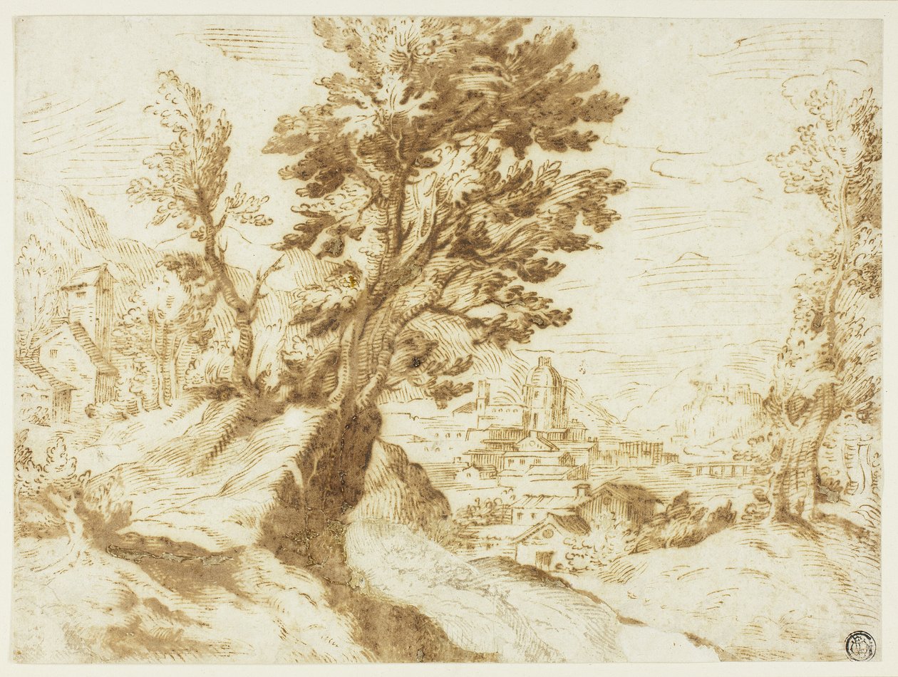 Bakket landskab med by i afstand af Agostino Carracci