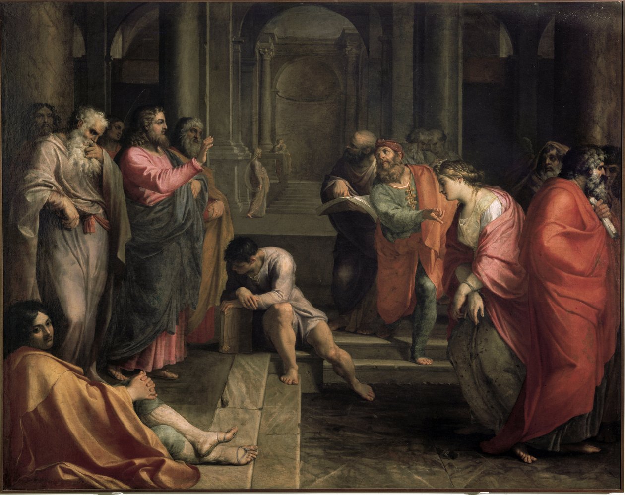 Jesus Kristus og kvinden taget i utroskab (olie på lærred af Agostino Carracci