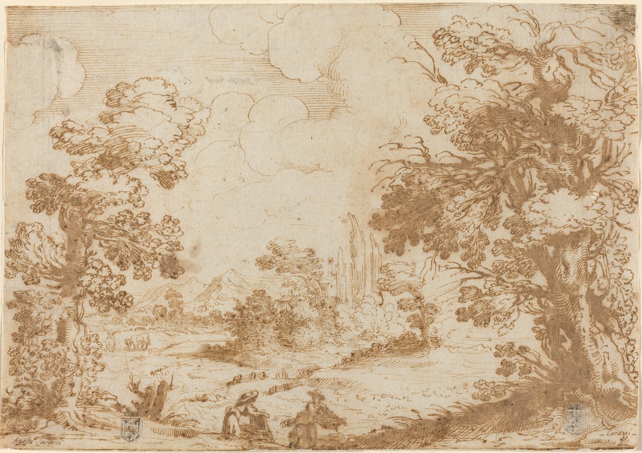 Landskab med to vaskekoner af Agostino Carracci