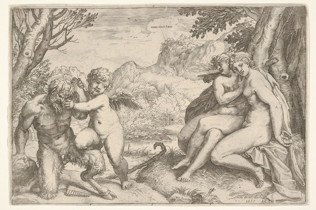 Kærlighed overvinder alt Omnia vincit Amor, i en kamp med en satyr placerer Amor sin højre kn..., 1599. af Agostino Carracci