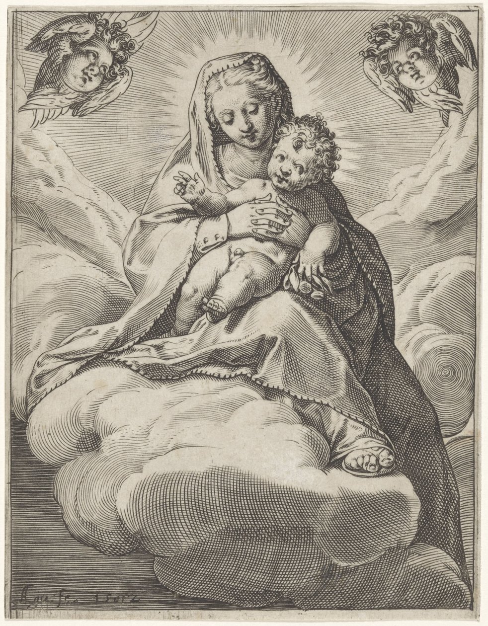 Mary med barn i skyerne af Agostino Carracci