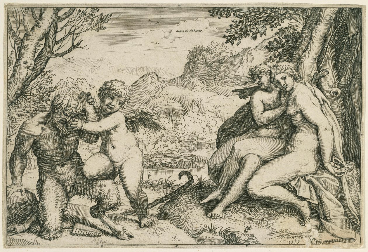 Omnia vincit Amor (Amor besejrer Pan; til højre ses to nymfer under et træ i et landskab) af Agostino Carracci