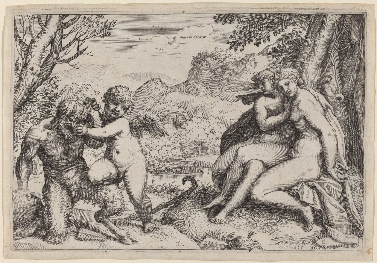 Pan Taming Eros af Agostino Carracci