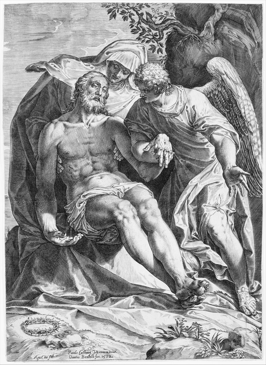 Pieta, Kristus støttet af jomfruen og en engel til højre, 1582. af Agostino Carracci