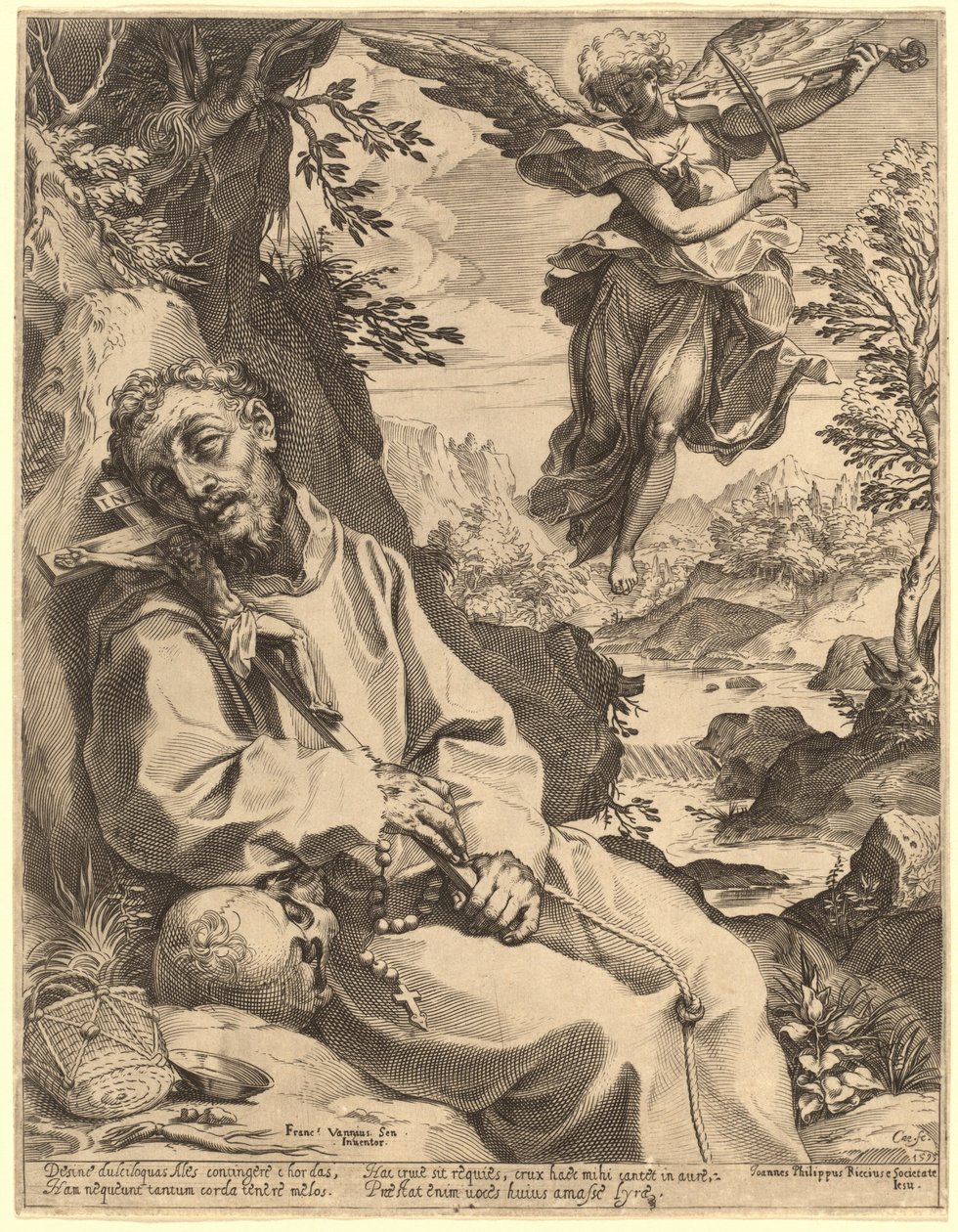 Sankt Frans trøstet af den musicerende engel af Agostino Carracci