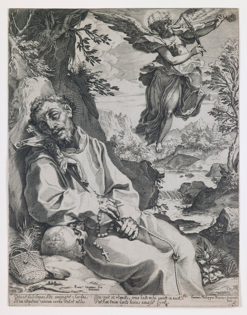 Sankt Frans trøstet af den musicerende engel af Agostino Carracci