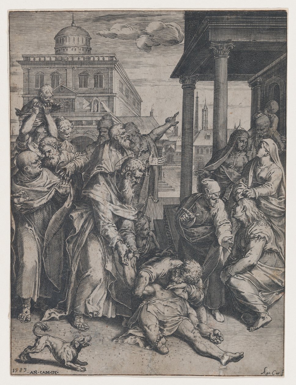 Saint Paul rejser Patroclus, som er på jorden, omgivet af en gruppe tilskuere, ..., 1583. af Agostino Carracci