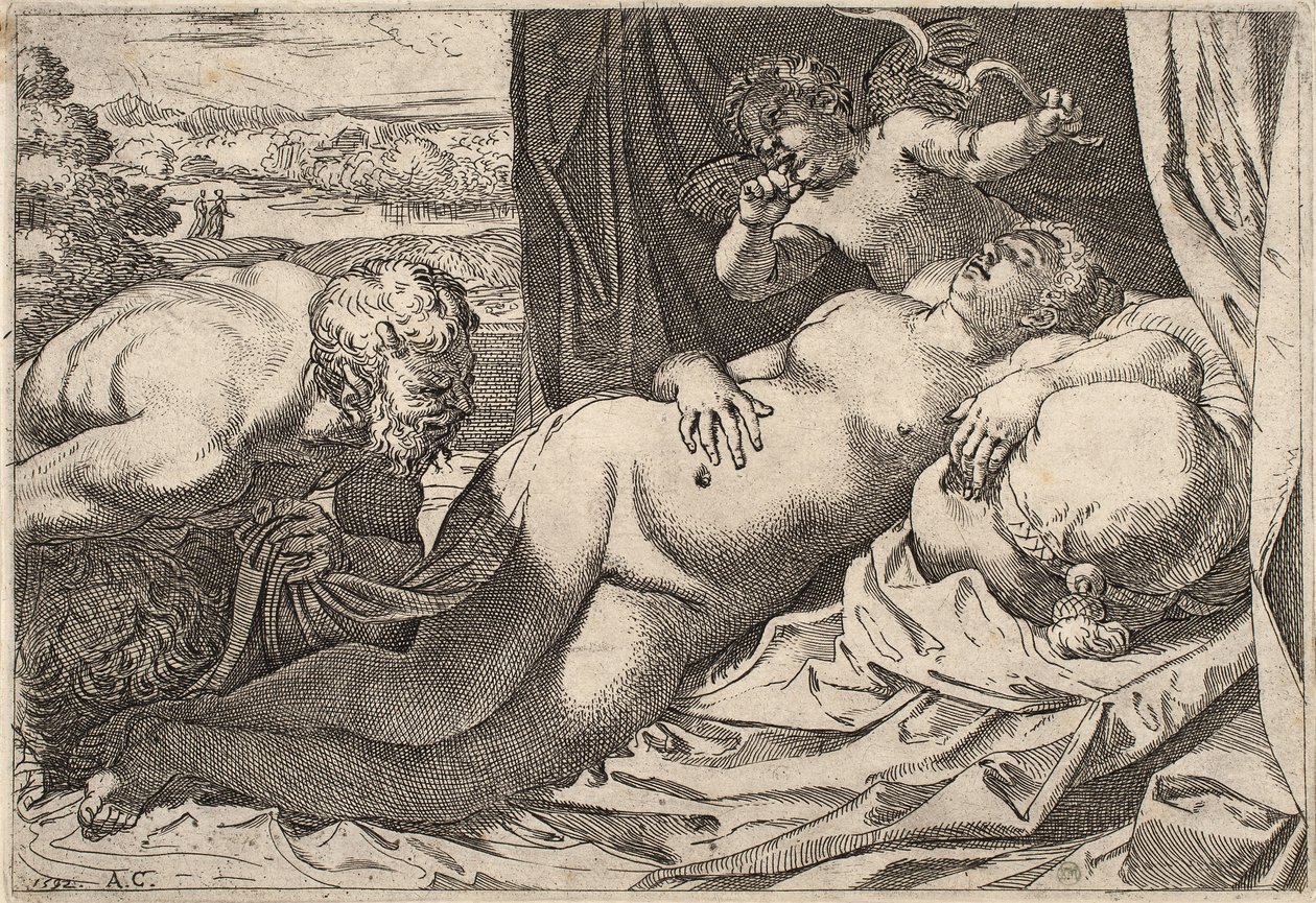 Satyr og nymfe af Agostino Carracci