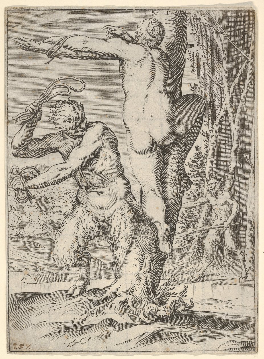 Satyr, der pisker en nymfe, som er vist bagfra og bundet til et træ, en anden saty..., ca. 1590-95. af Agostino Carracci