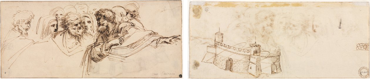 Studie af hoveder (recto); Kreneleret fæstning (verso) af Agostino Carracci