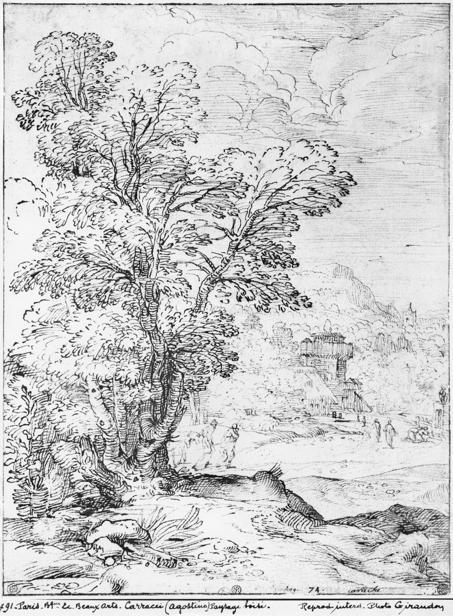 Skovklædt landskab (pen og blæk på papir) (bw foto) af Agostino Carracci