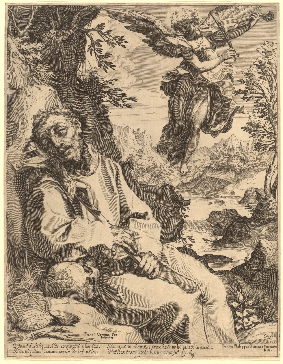Sankt Frans trøstet af den musikalske engel af Agostino Carracci after Francesco Vanni
