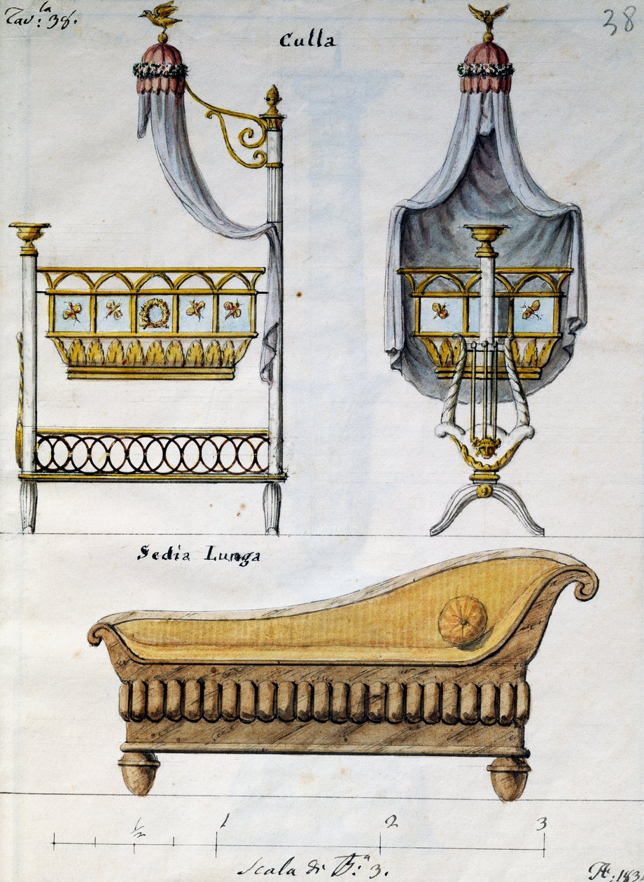 Babyseng og sofa, fra Works of carpenter og låsesmed udtænkt og designet af mig Agostino Fantastici), manuskript 3, plade 38 af Agostino Fantastici