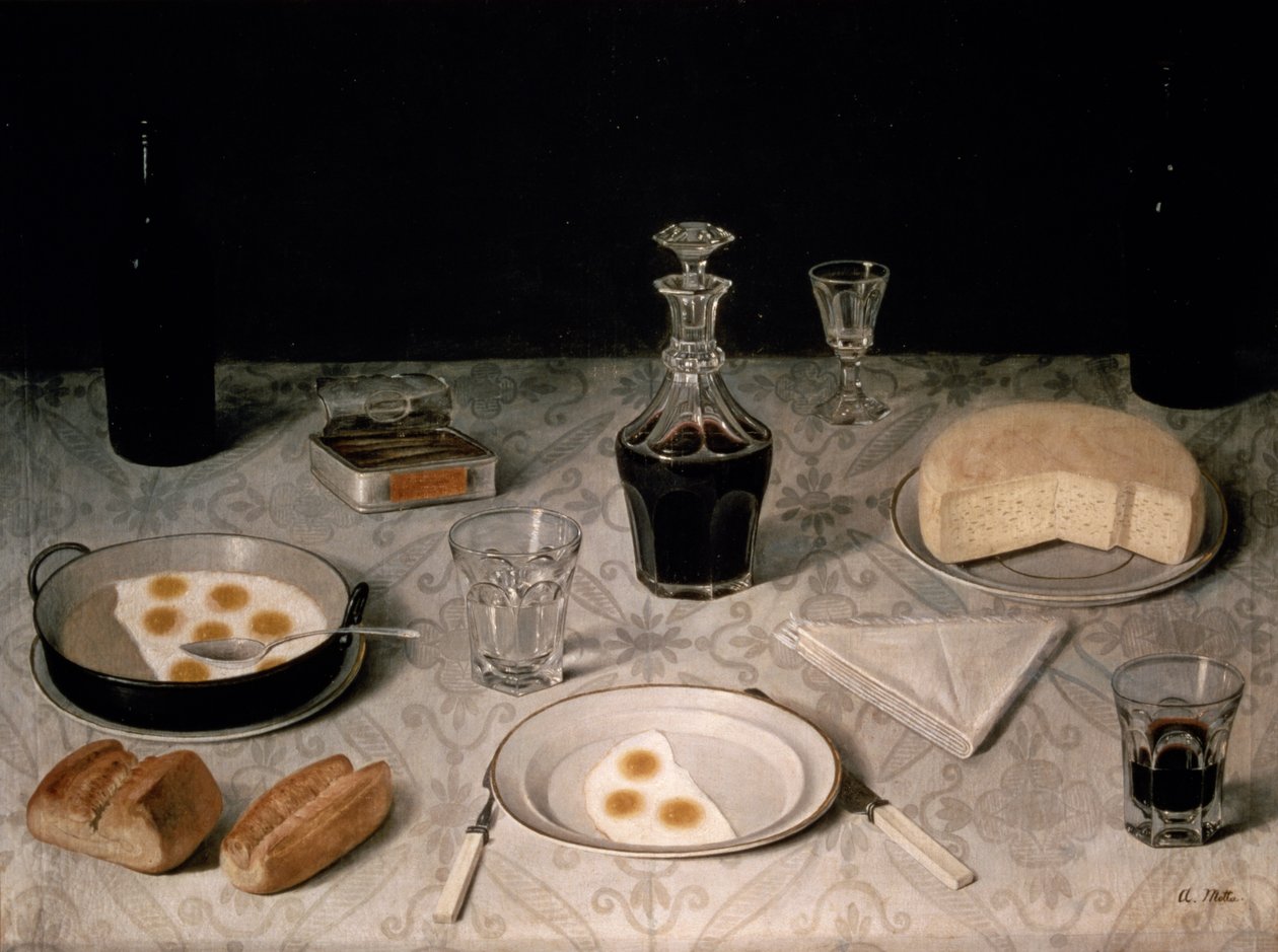 Stilleben med æg, brød, ost og vin (olie på lærred) af Agostino Jose da Mota