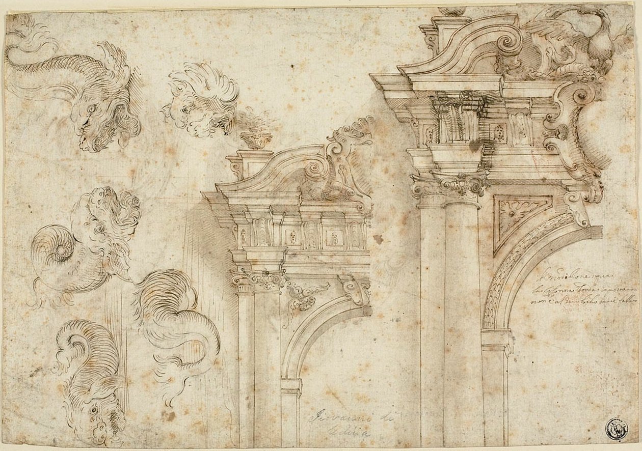 Ark med skitser: Sømonstre og udførlige portaler (recto); Skitser af arkitektoniske detaljer (verso) af Agostino Mitelli