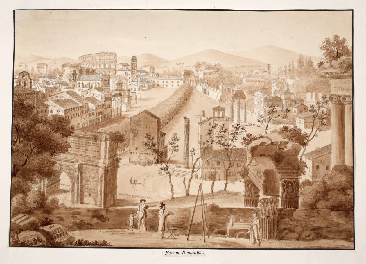 Forum Romanum, 1833 (ætsning med brun vask) af Agostino Tofanelli