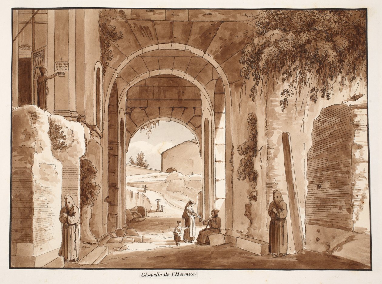 Eremitens kapel i Colosseum, 1833 (radering med brun vask) af Agostino Tofanelli