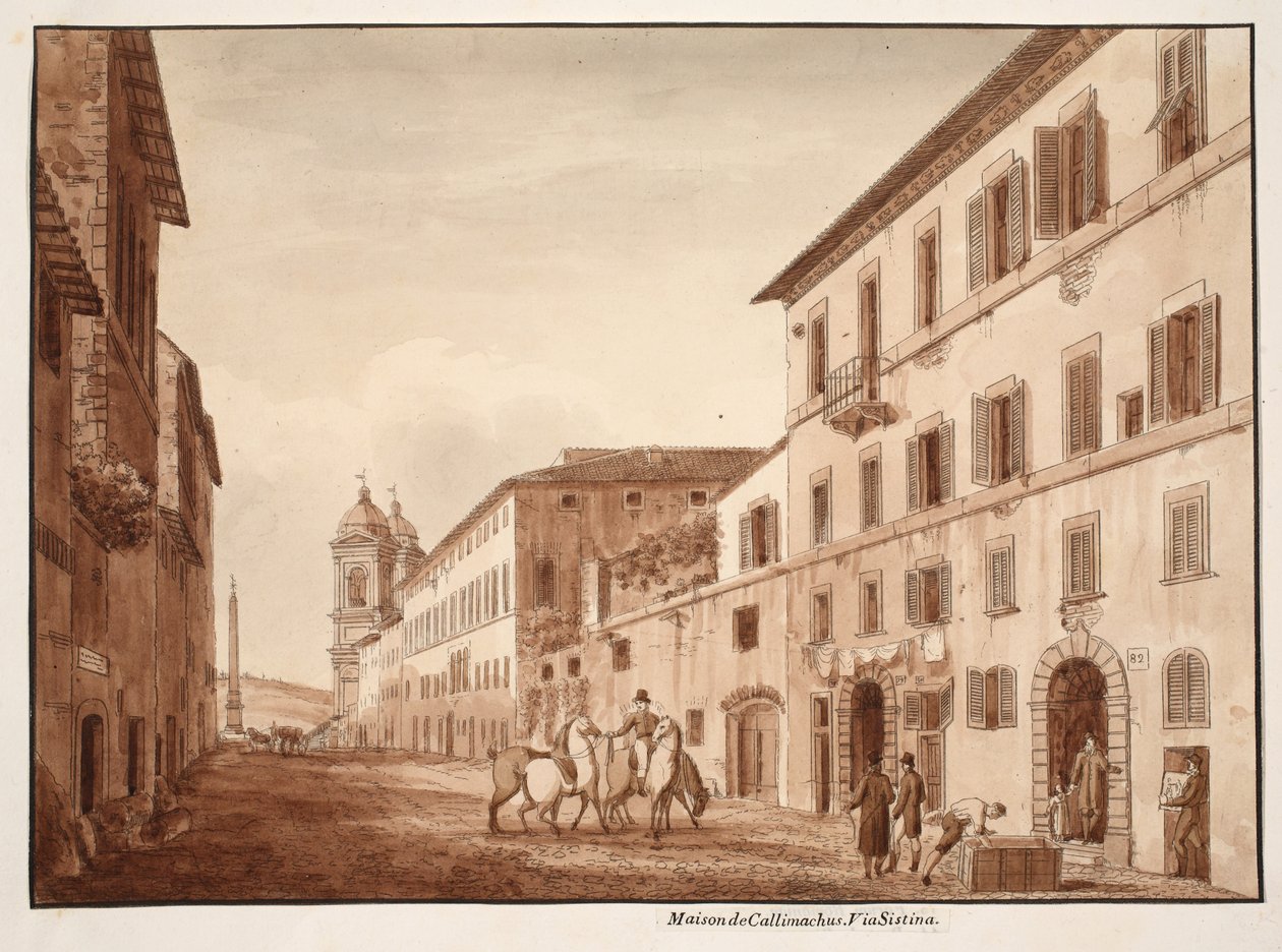 The House of Callimachus, Via Sistina, 1833 (ætsning med brun vask) af Agostino Tofanelli
