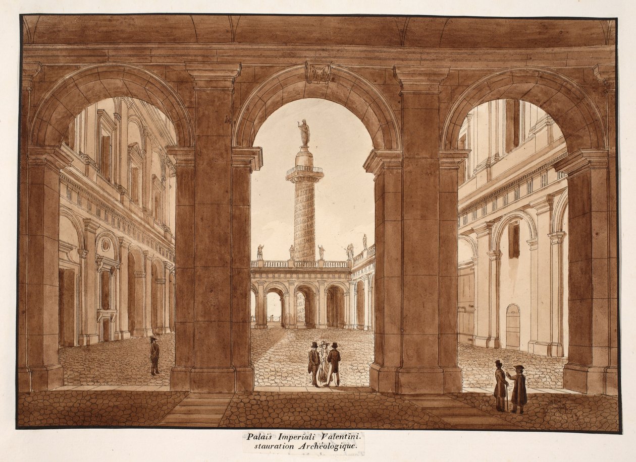 Palazzo Imperiali Valentini. Arkæologisk restaurering., 1833 (ætsning med brun vask) af Agostino Tofanelli