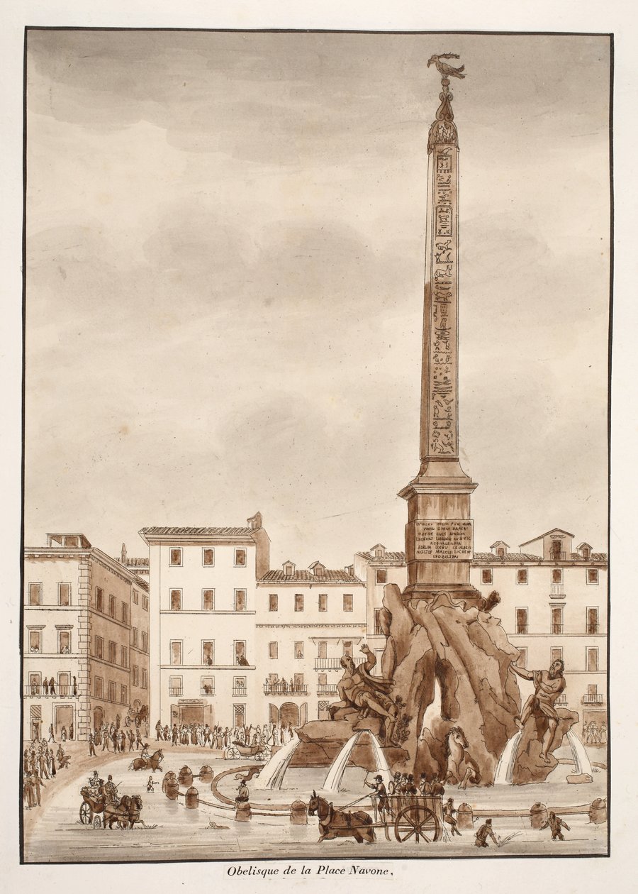 Piazza Navona Obelisk, 1833 (ætsning med brun vask) af Agostino Tofanelli