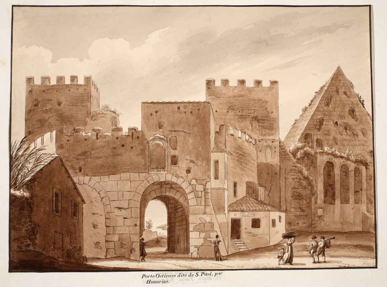 Porta Ostiensis eller San Paolo, bygget af Honorius, 1833 (ætsning med brun vask) af Agostino Tofanelli
