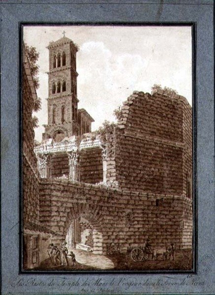 Marstemplet ved Forum i Rom, ca. 1800 (pen & blæk med sepia vask på papir) af Agostino Tofanelli