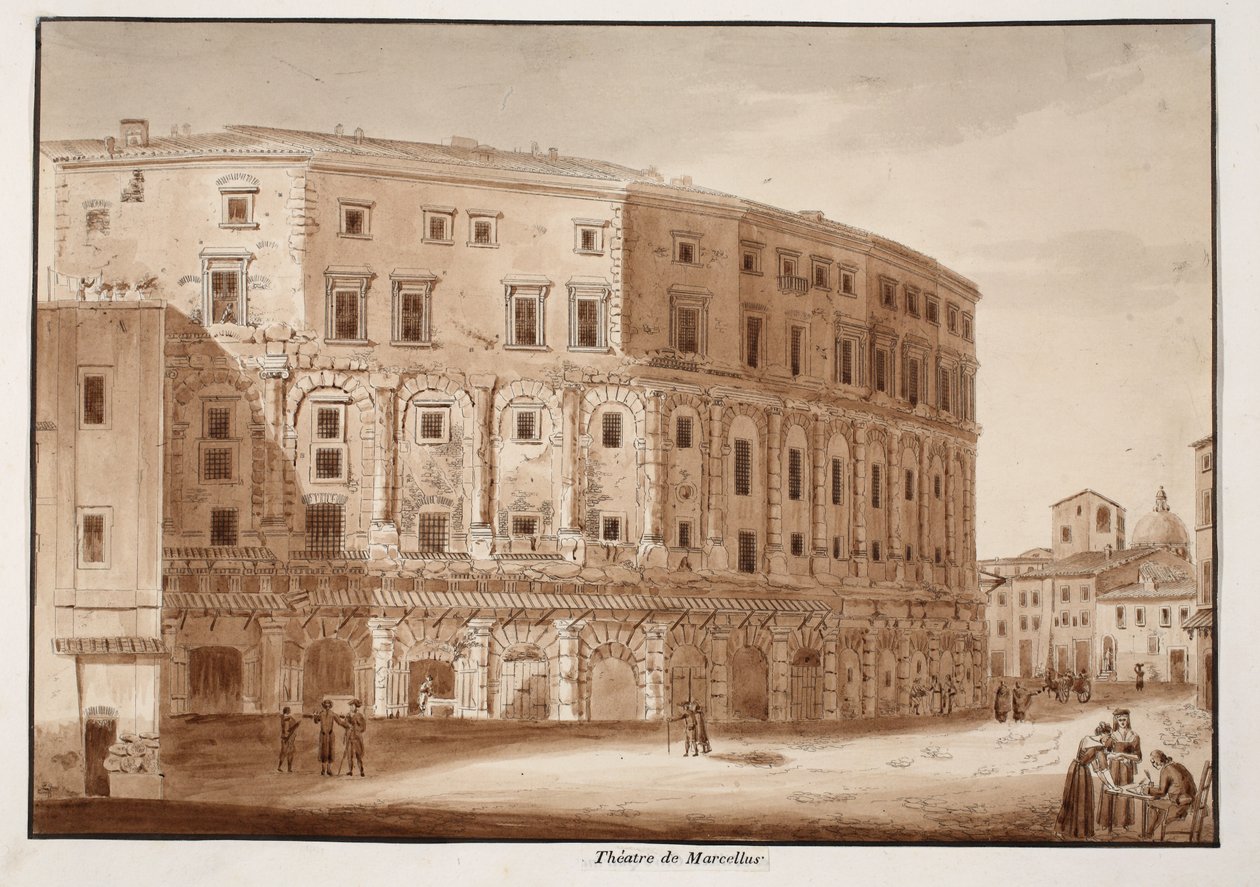 Theatre of Marcellus, 1833 (ætsning med brun vask) af Agostino Tofanelli