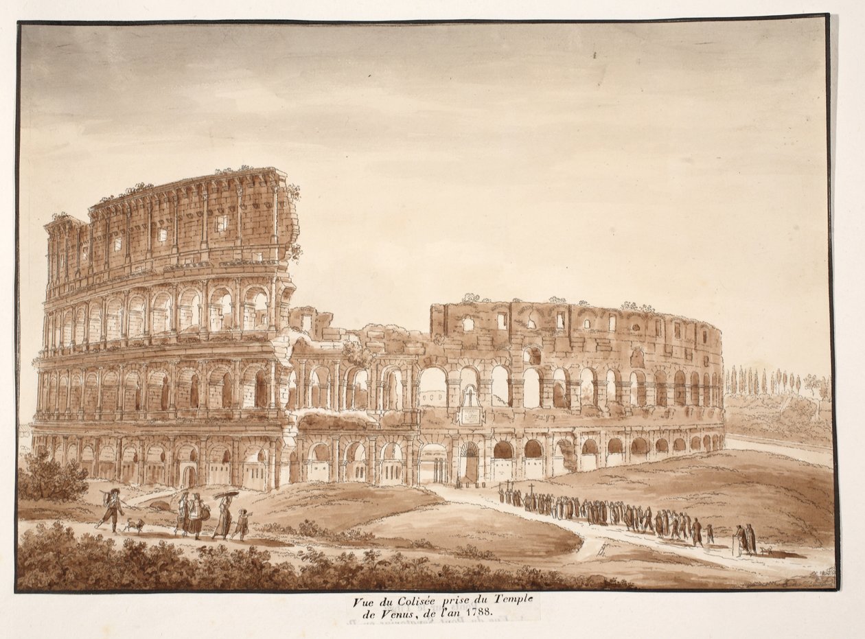 Udsigt over Colosseum fra Venustemplet, 1833 (ætsning med brun vask) af Agostino Tofanelli