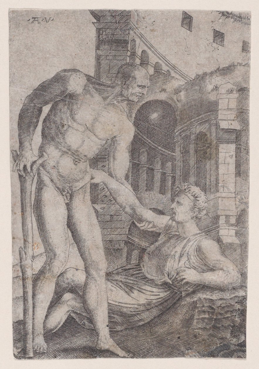 En mand, der hjælper en anden på benene, ca. 1514-36. af Agostino Veneziano