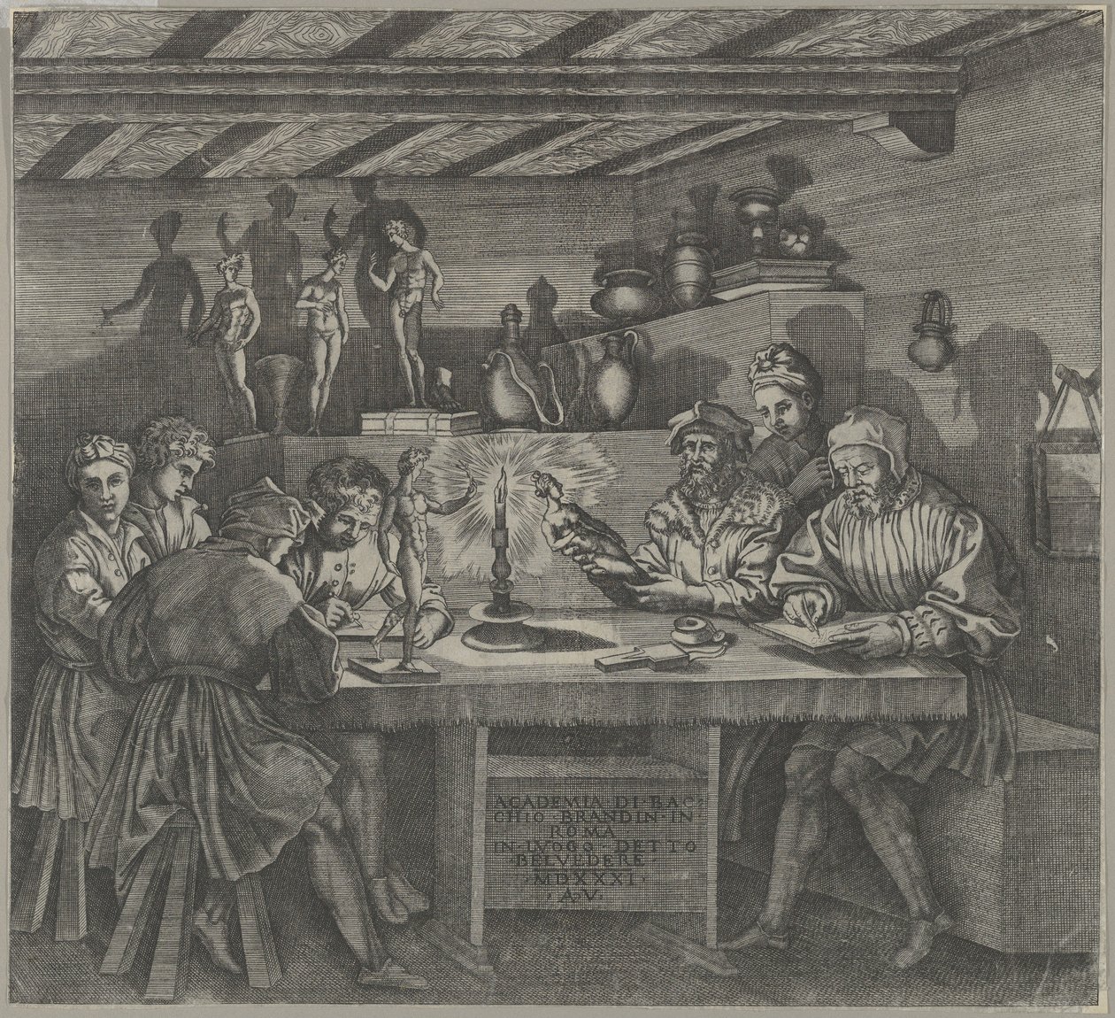Baccio Bandinelli i sit atelier med en statuette af Venus, elever, der skitserer fra en måned, 1531. af Agostino Veneziano