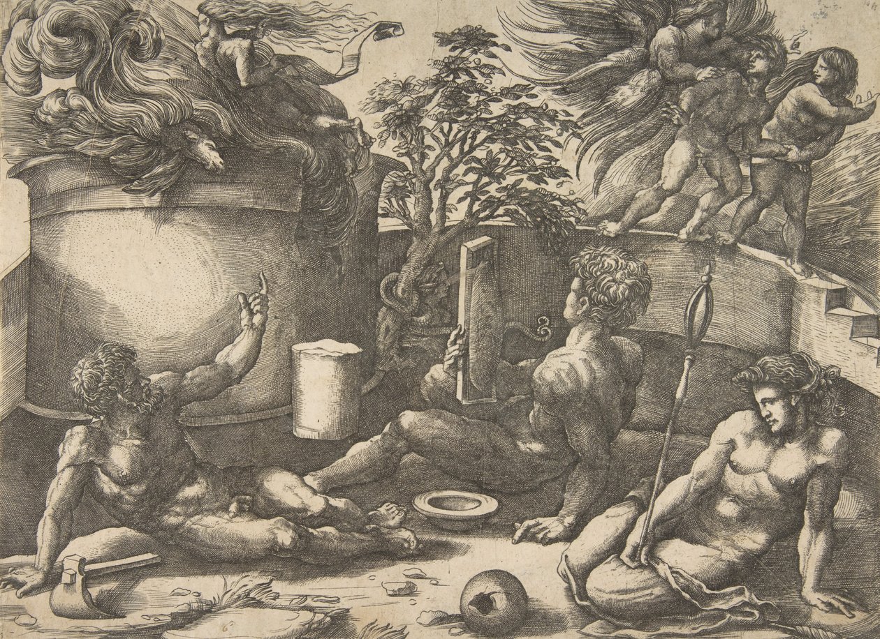 Kain holder et spejl og ser sit offer opslugt af flammer, Adam og Eva sætter sig..., ca. 1530-50. af Agostino Veneziano