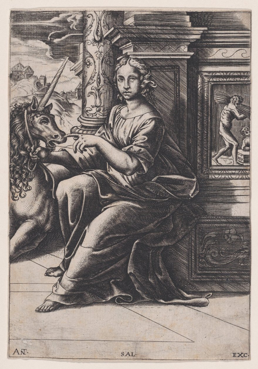 Kyskhed, en siddende kvinde, en enhjørning til højre for hende, ca. 1515-30. af Agostino Veneziano