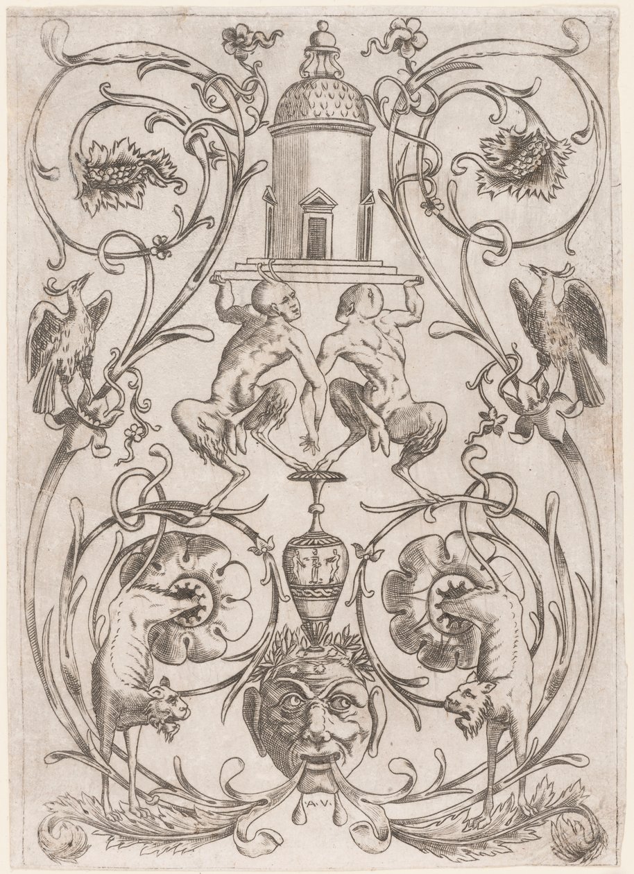 Grotesk Ornament med Satyrer, fra et sæt på tyve ornamentpaneler af Agostino Veneziano