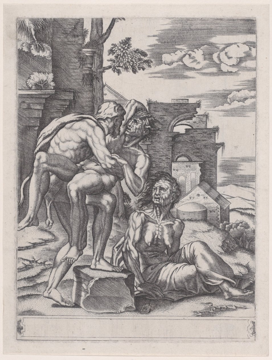 Hercules og Antaeus, dateret 1533., dateret 1533. af Agostino Veneziano