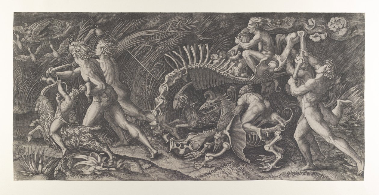 Lo Stregozzo: en kvindelig heks, der rider på et dyreskelet, efterfulgt af to mænd og ..., ca. 1515-25. af Agostino Veneziano