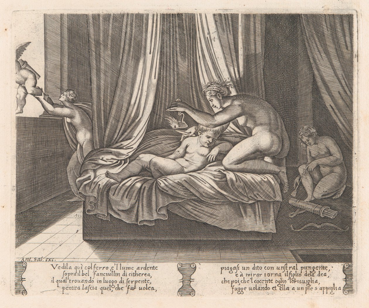 Plade 13: Psyche ser på Amor, fra historien om Amor og Psyche som fortalt af Apulei..., 1530-60. af Agostino Veneziano