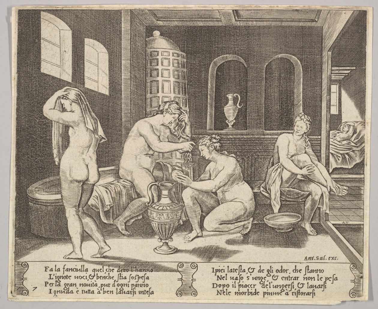 Tavle 7: Psyche tilses i sit bad af nymfer, i baggrunden til højre Psyche repr..., ca. 1520-36. af Agostino Veneziano