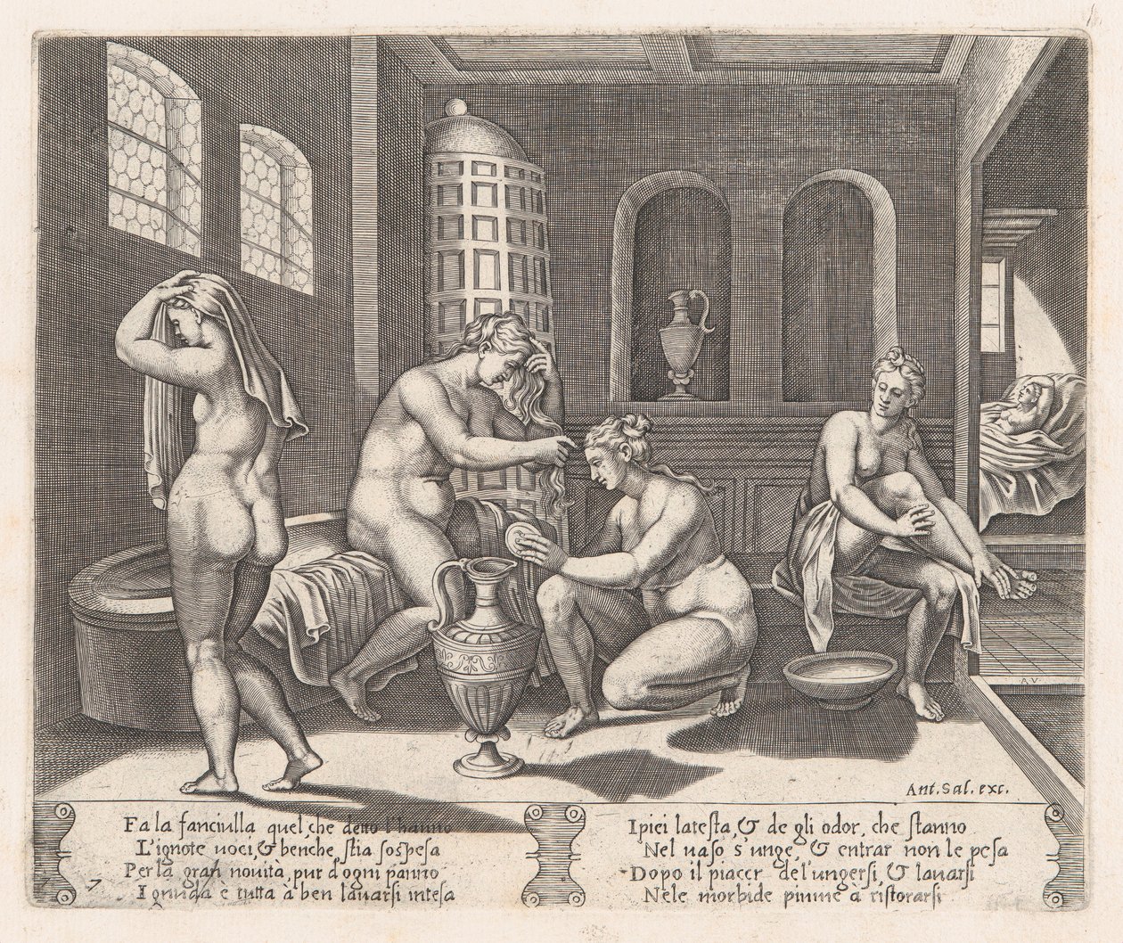 Plade 7: Psyche deltog i hendes bad, fra historien om Amor og Psyche som fortalt af Apu..., 1530-60. af Agostino Veneziano