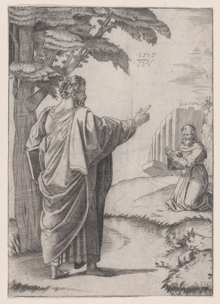 Sankt Paulus og franciskanerbroderen, dateret 1517. af Agostino Veneziano