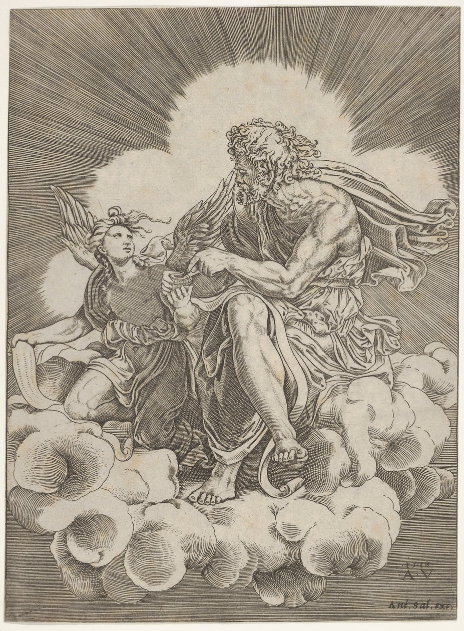 St. Matthæus, siddende på en sky og dyppede en fjerpen i et blækhus holdt af en engel..., ca. 1518-20. af Agostino Veneziano