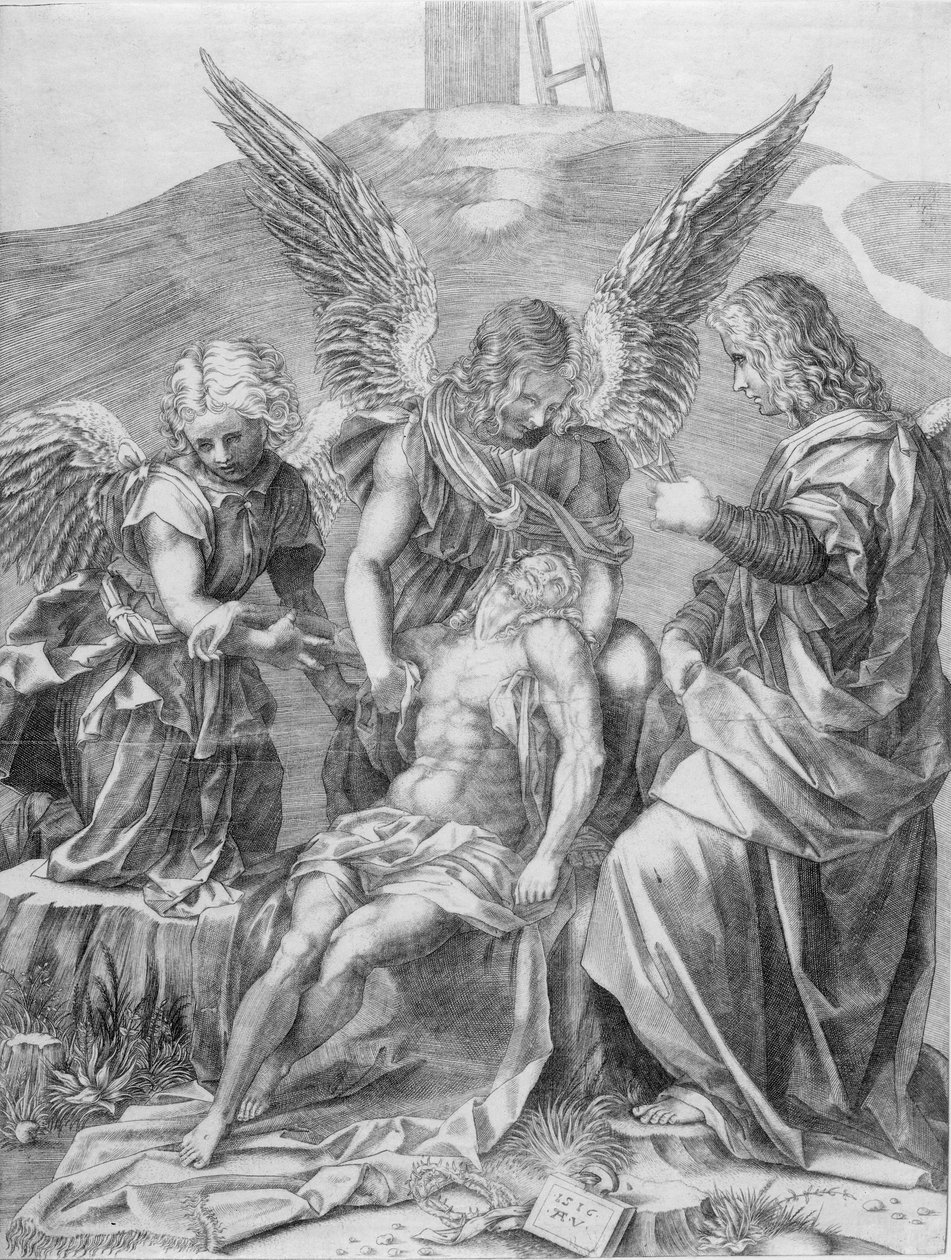 Kristi legeme støttet af tre engle, 1516. af Agostino Veneziano